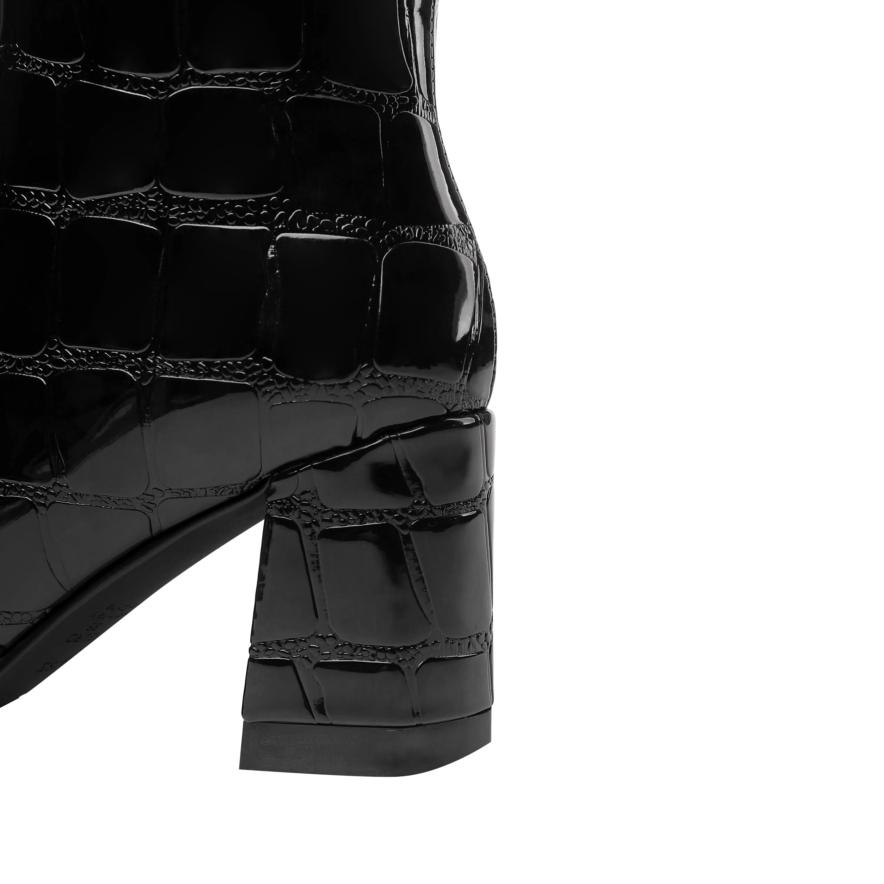 TinaCus Handmade Women's Patent Leather Pointed Toe Side Zip Up Block Heel Classic Black Knee High Boots with Chic Buckle
