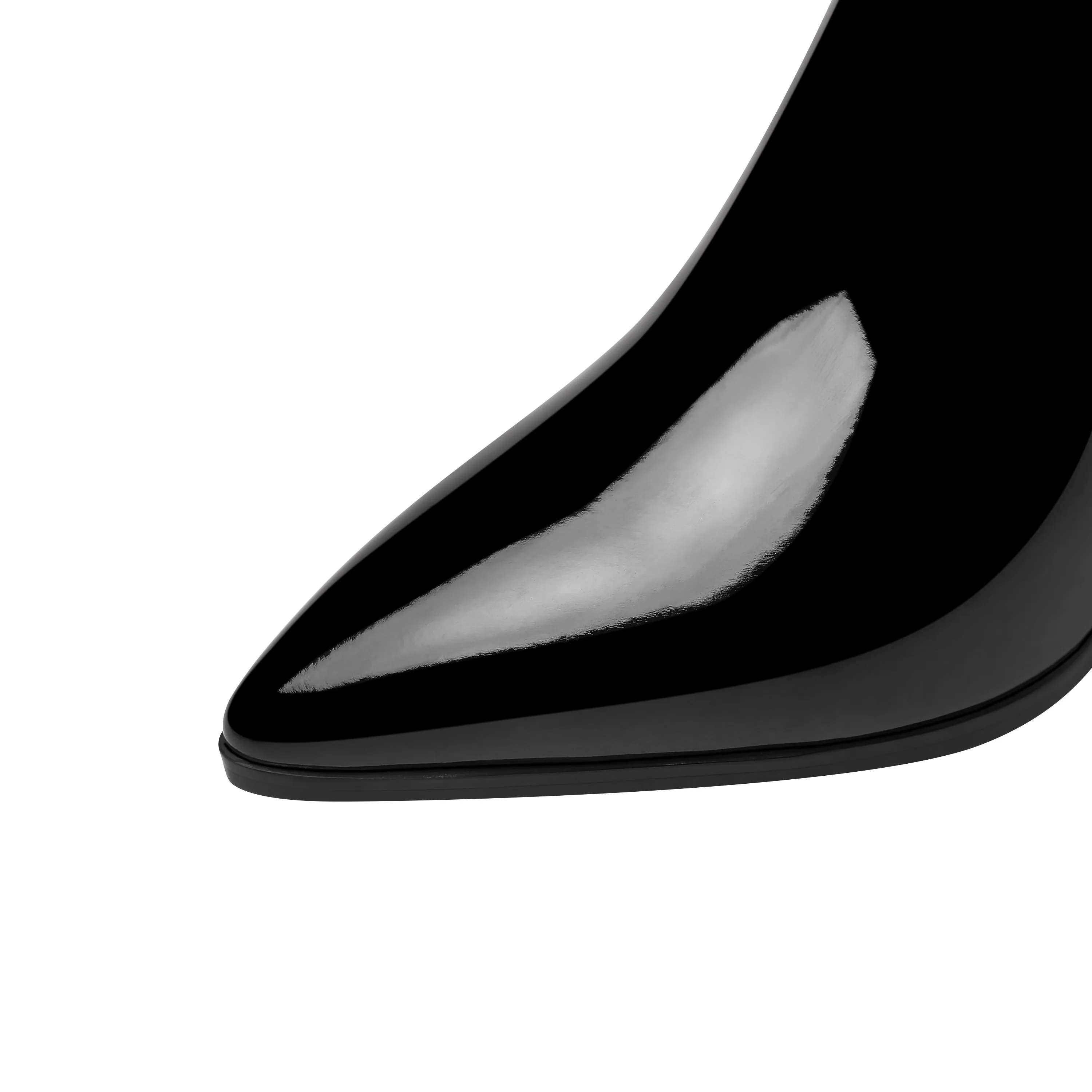 TinaCus Handmade Women's Patent Leather Pointed Toe Side Zip Up Block Heel Classic Black Knee High Boots with Chic Buckle
