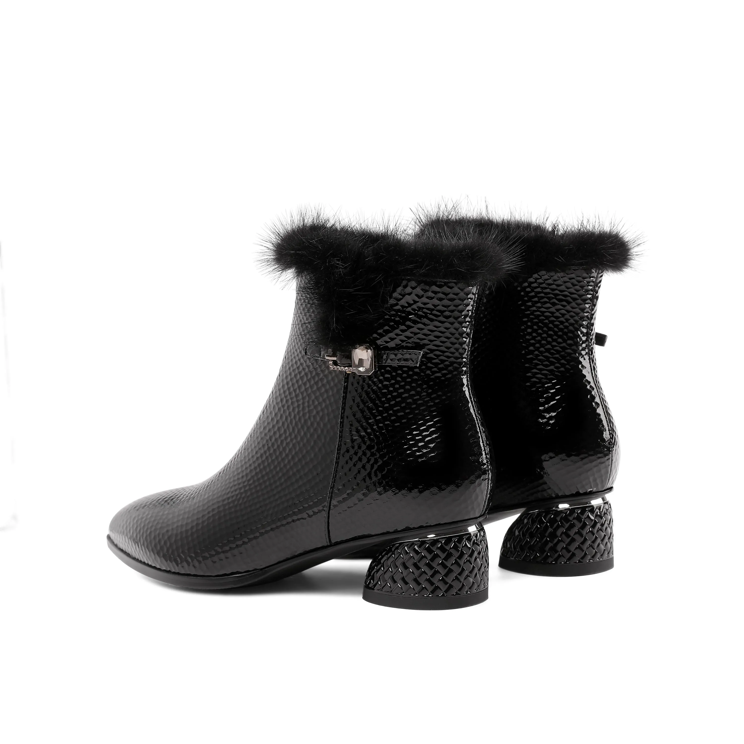 TinaCus Women's Patent Leather Handmade Side Zip Up Block Heel Black Ankle Booties with Fur and Glitter Buckle Decor