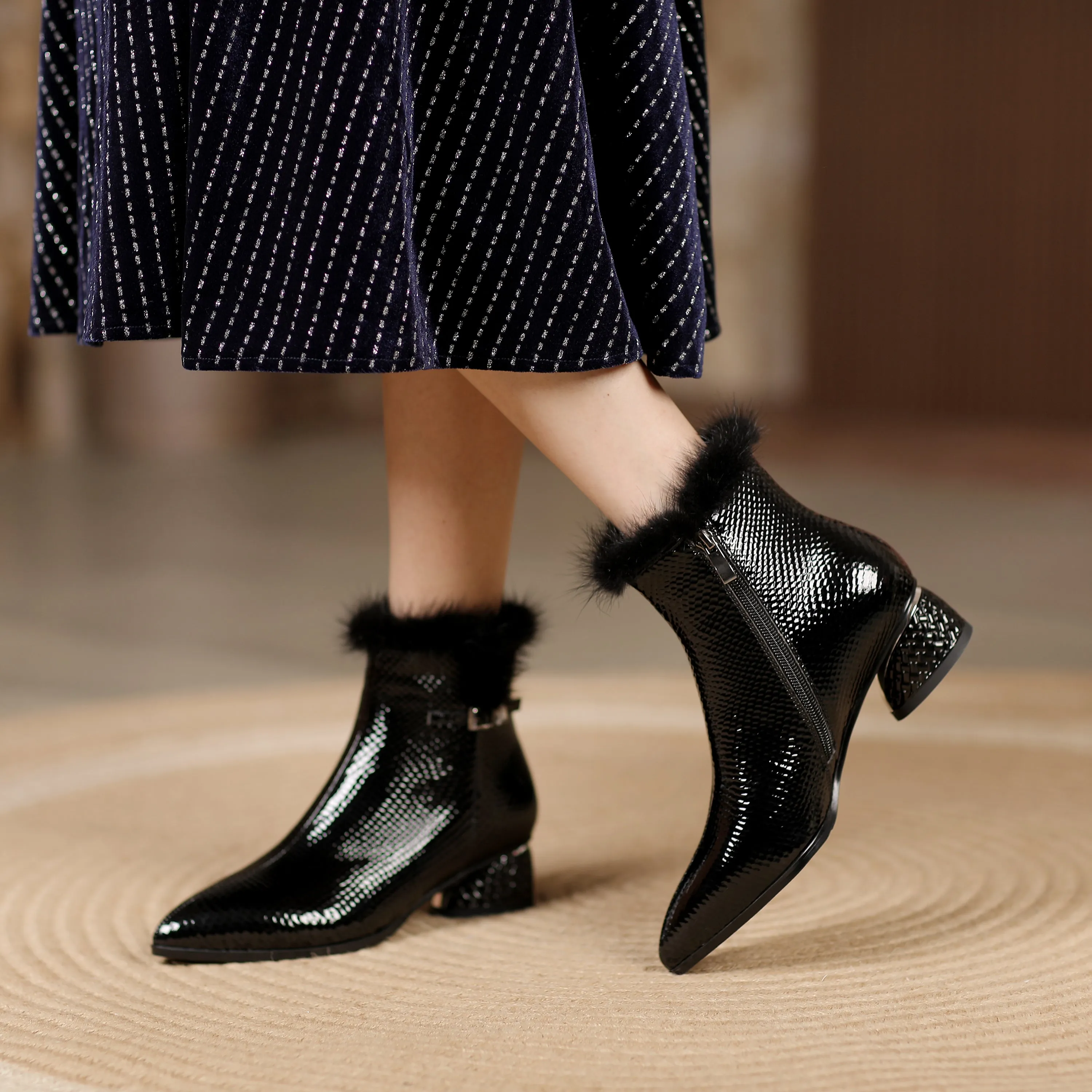 TinaCus Women's Patent Leather Handmade Side Zip Up Block Heel Black Ankle Booties with Fur and Glitter Buckle Decor
