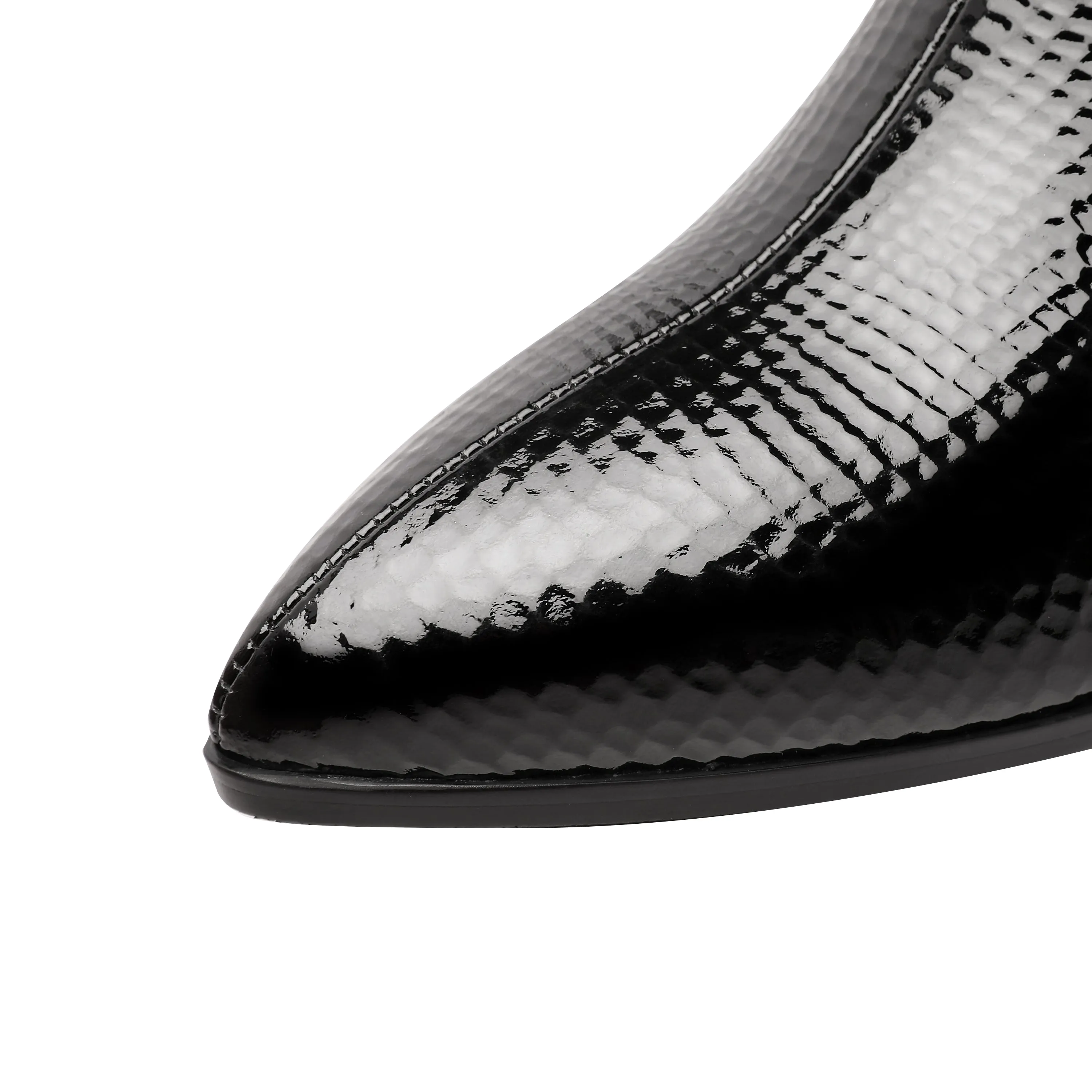 TinaCus Women's Patent Leather Handmade Side Zip Up Block Heel Black Ankle Booties with Fur and Glitter Buckle Decor