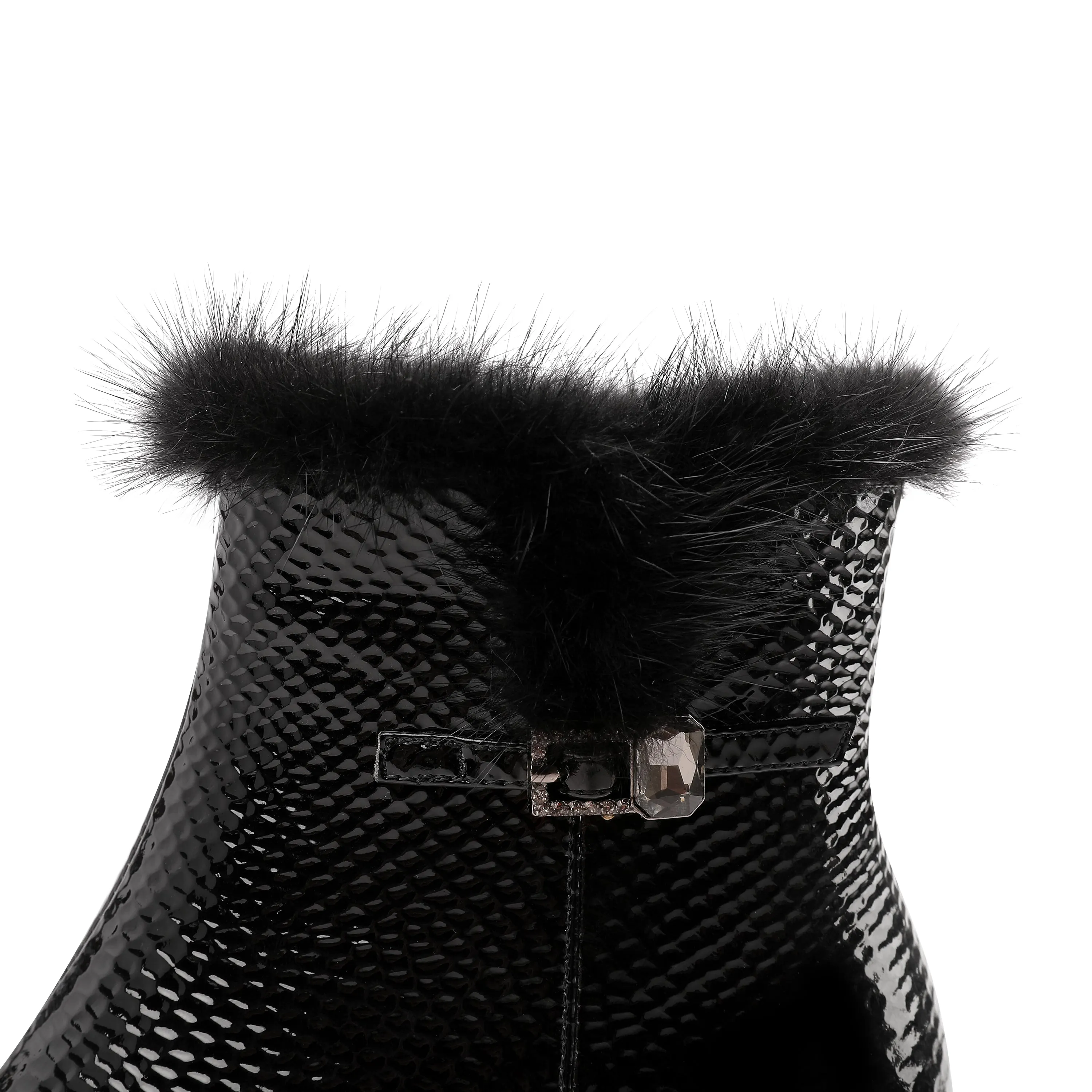 TinaCus Women's Patent Leather Handmade Side Zip Up Block Heel Black Ankle Booties with Fur and Glitter Buckle Decor
