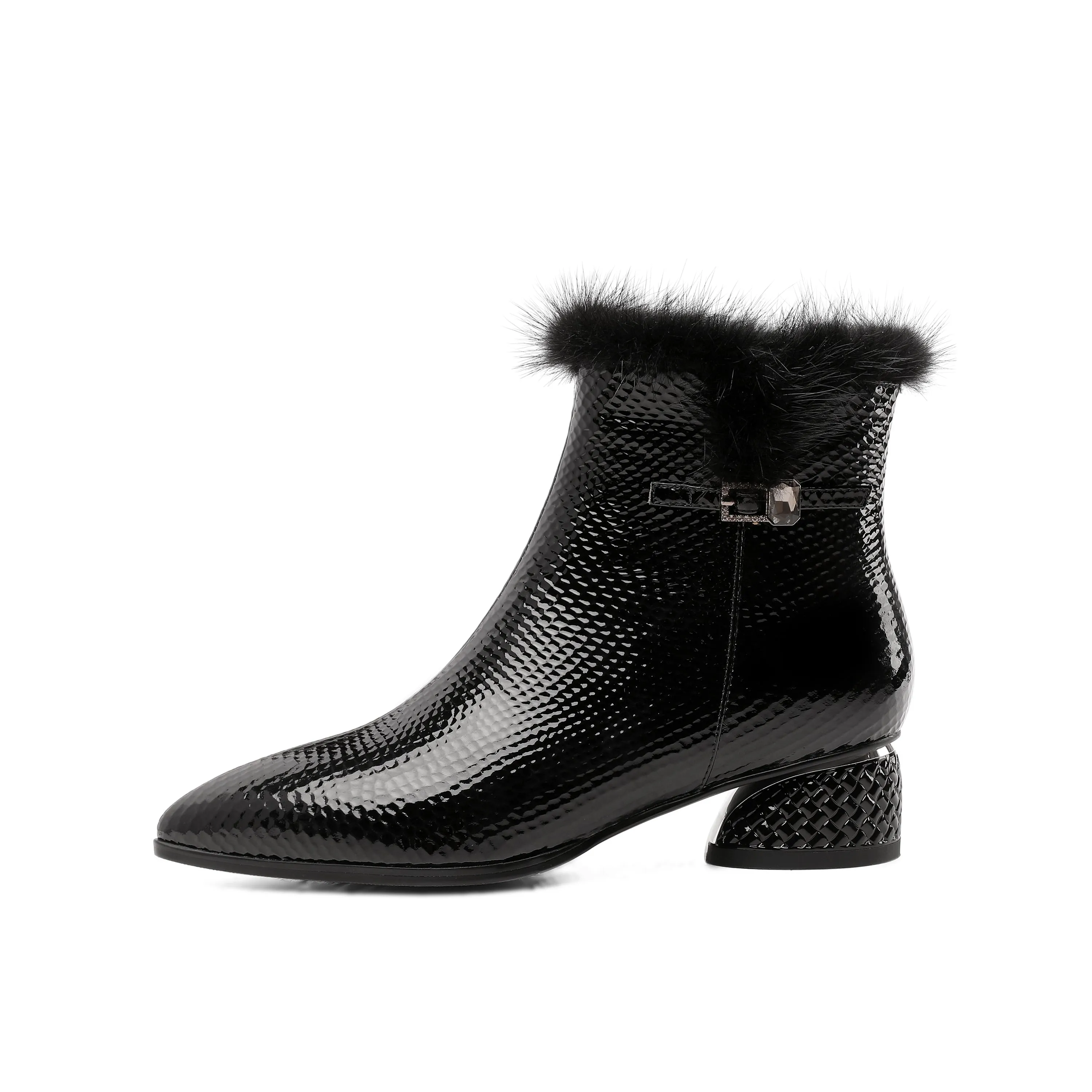 TinaCus Women's Patent Leather Handmade Side Zip Up Block Heel Black Ankle Booties with Fur and Glitter Buckle Decor