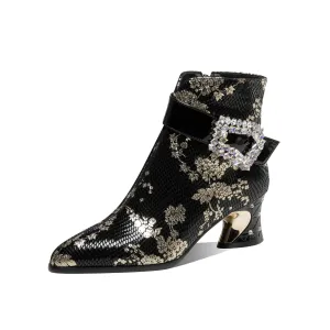 TinaCus Women's Rhinestone Buckle Pointed Toe Genuine Leather Handmade Mid Heel Side Zip Floral Ankle Boots