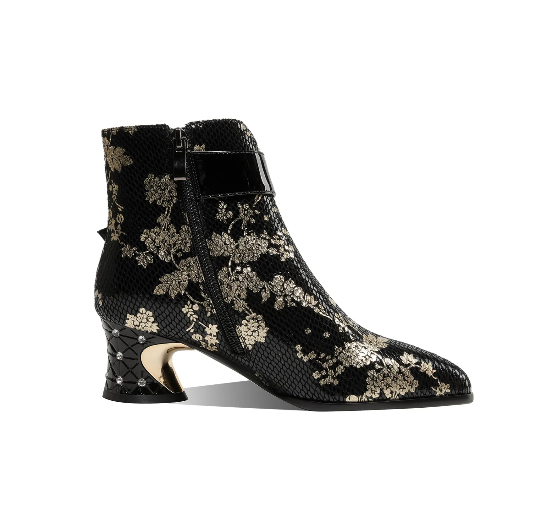 TinaCus Women's Rhinestone Buckle Pointed Toe Genuine Leather Handmade Mid Heel Side Zip Floral Ankle Boots