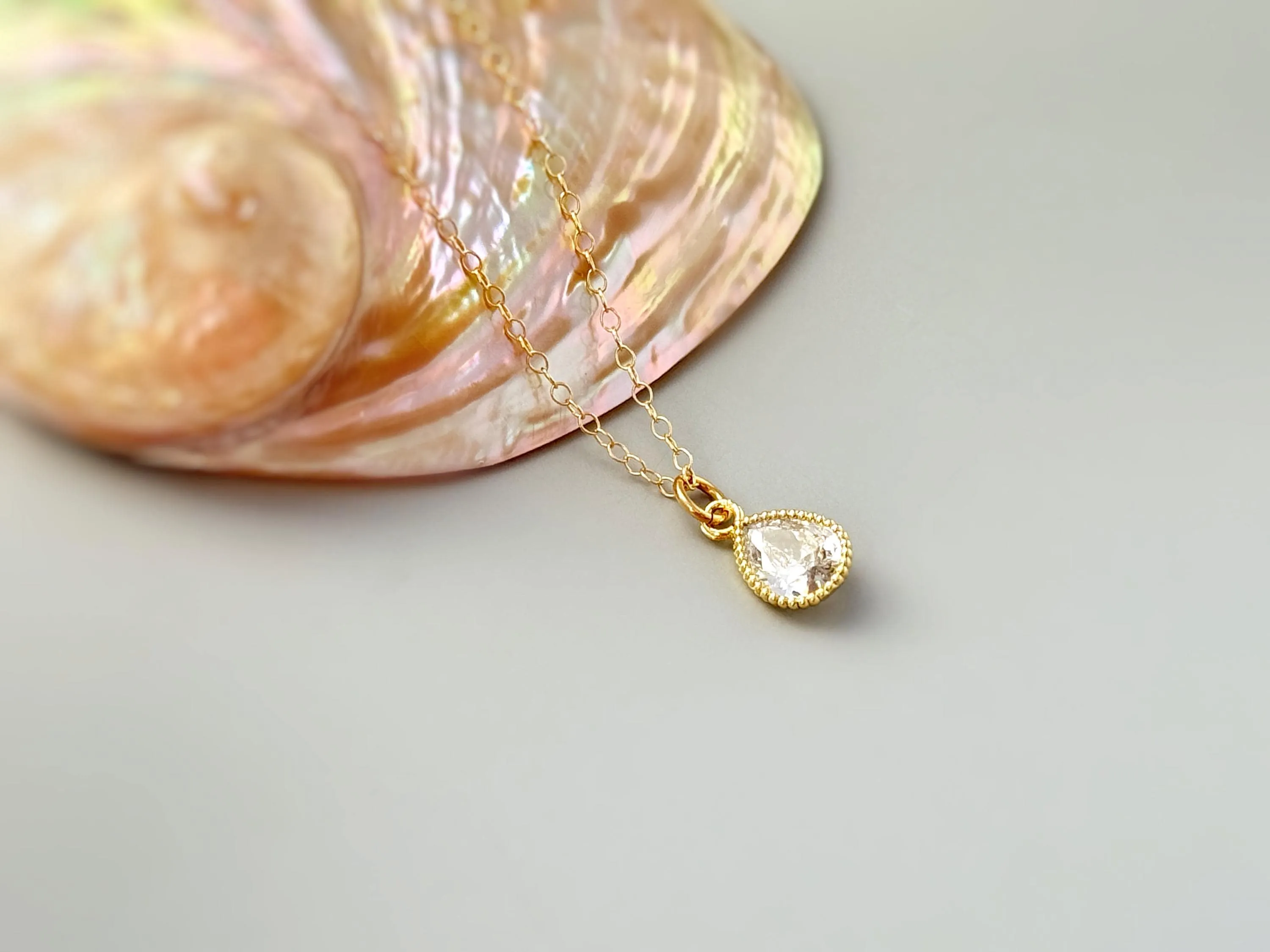 Tiny Crystal Teardrop Necklace Silver