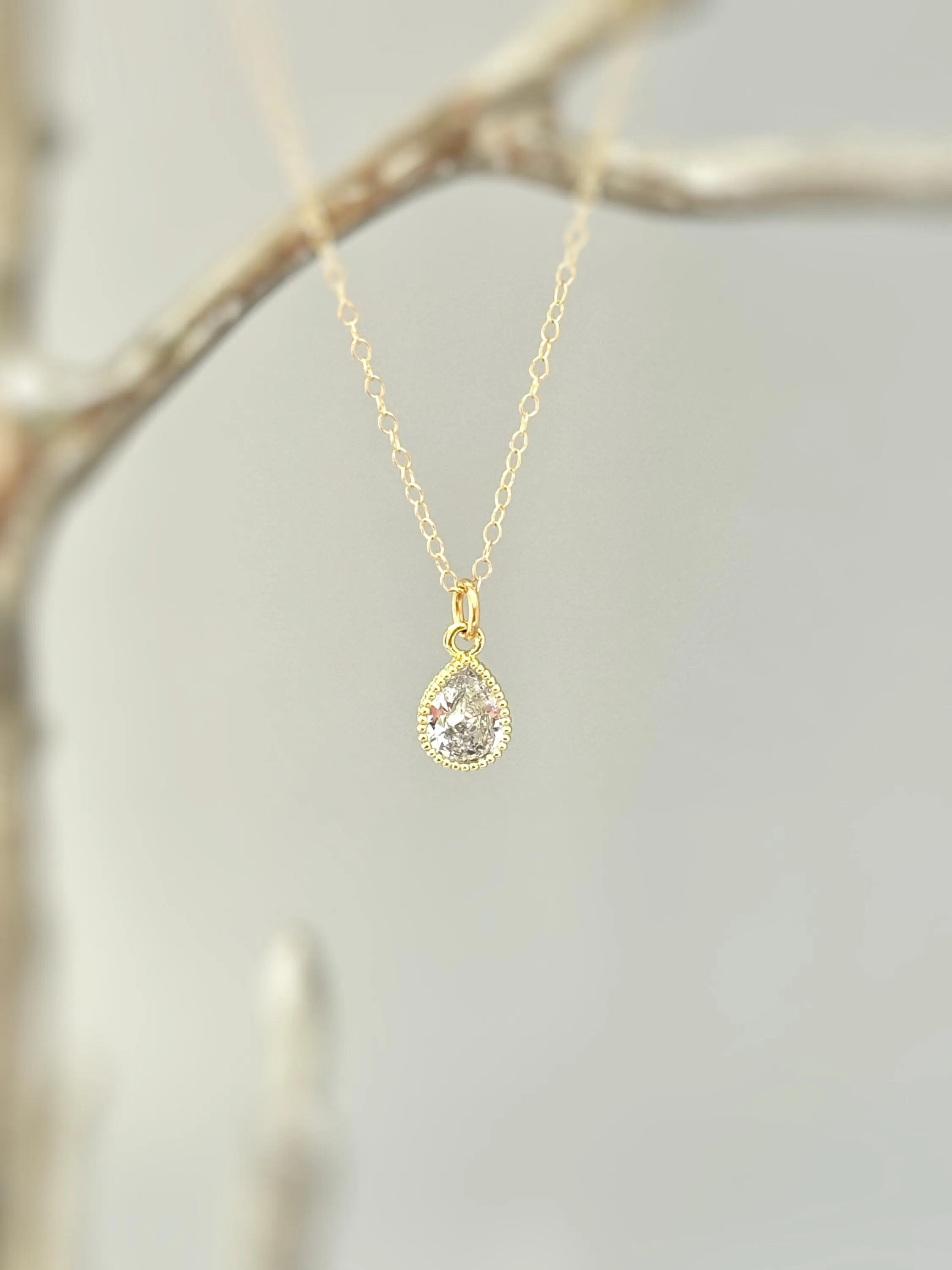 Tiny Crystal Teardrop Necklace Silver