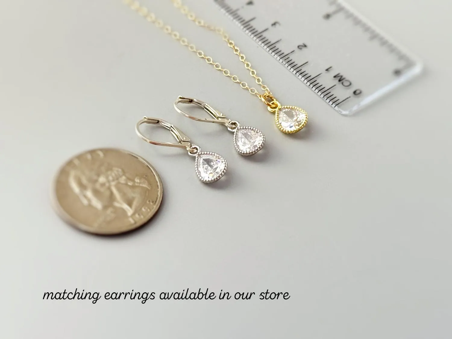 Tiny Crystal Teardrop Necklace Silver