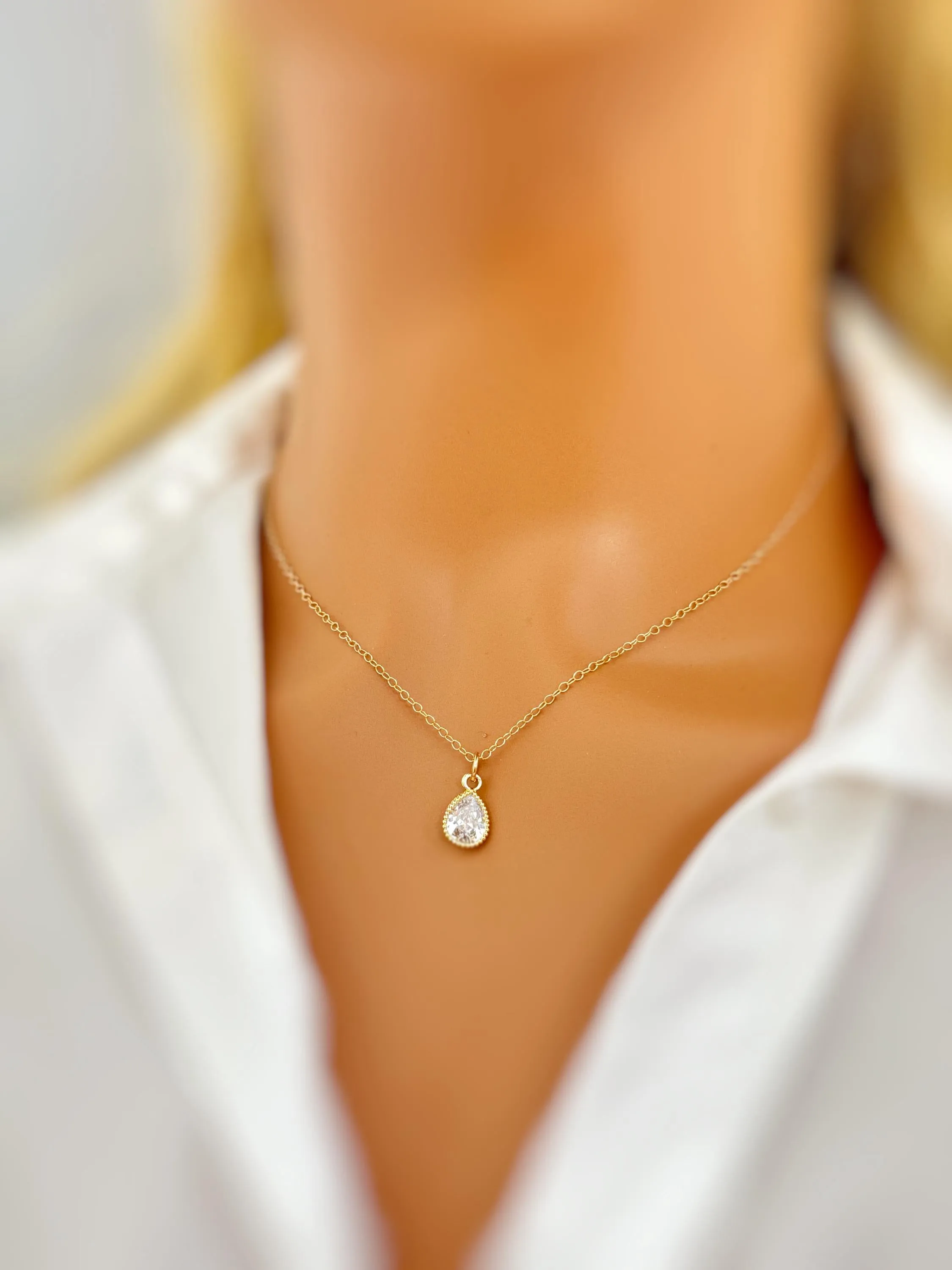 Tiny Crystal Teardrop Necklace Silver