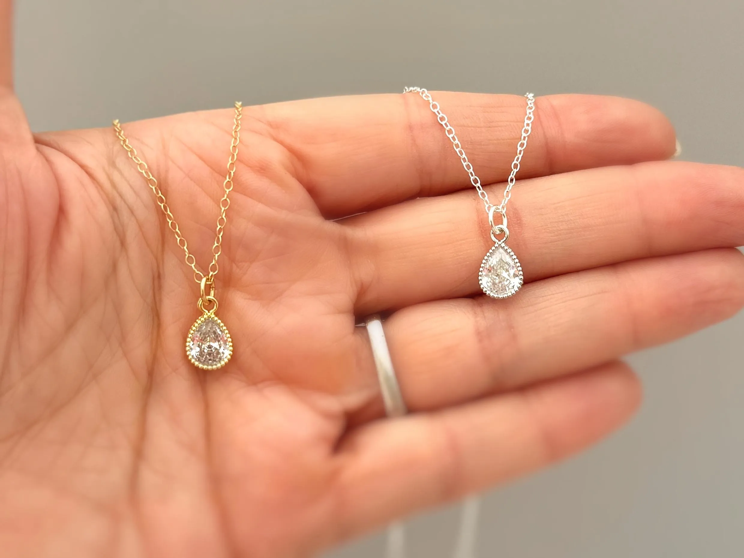 Tiny Crystal Teardrop Necklace Silver