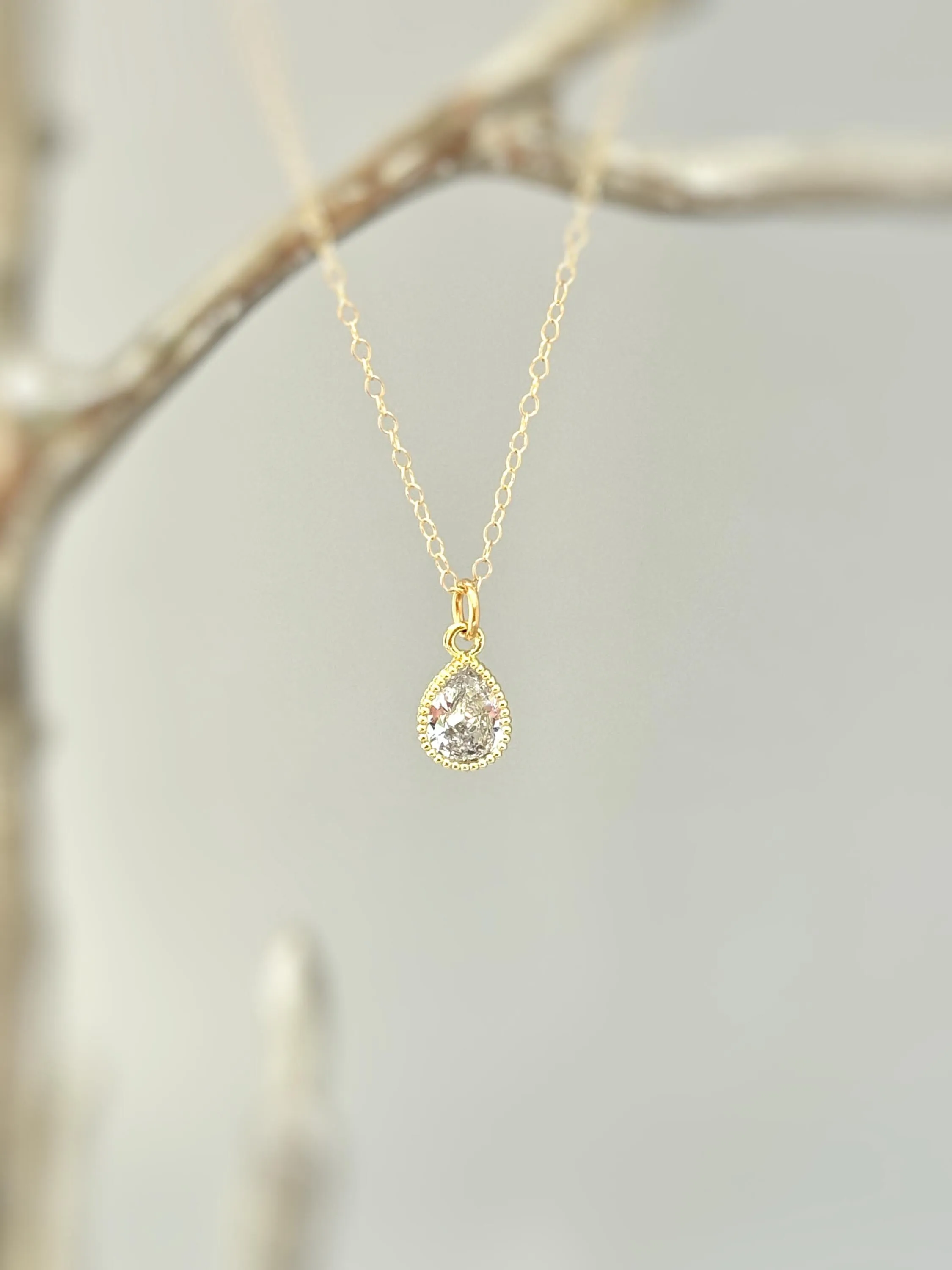 Tiny Crystal Teardrop Necklace Silver