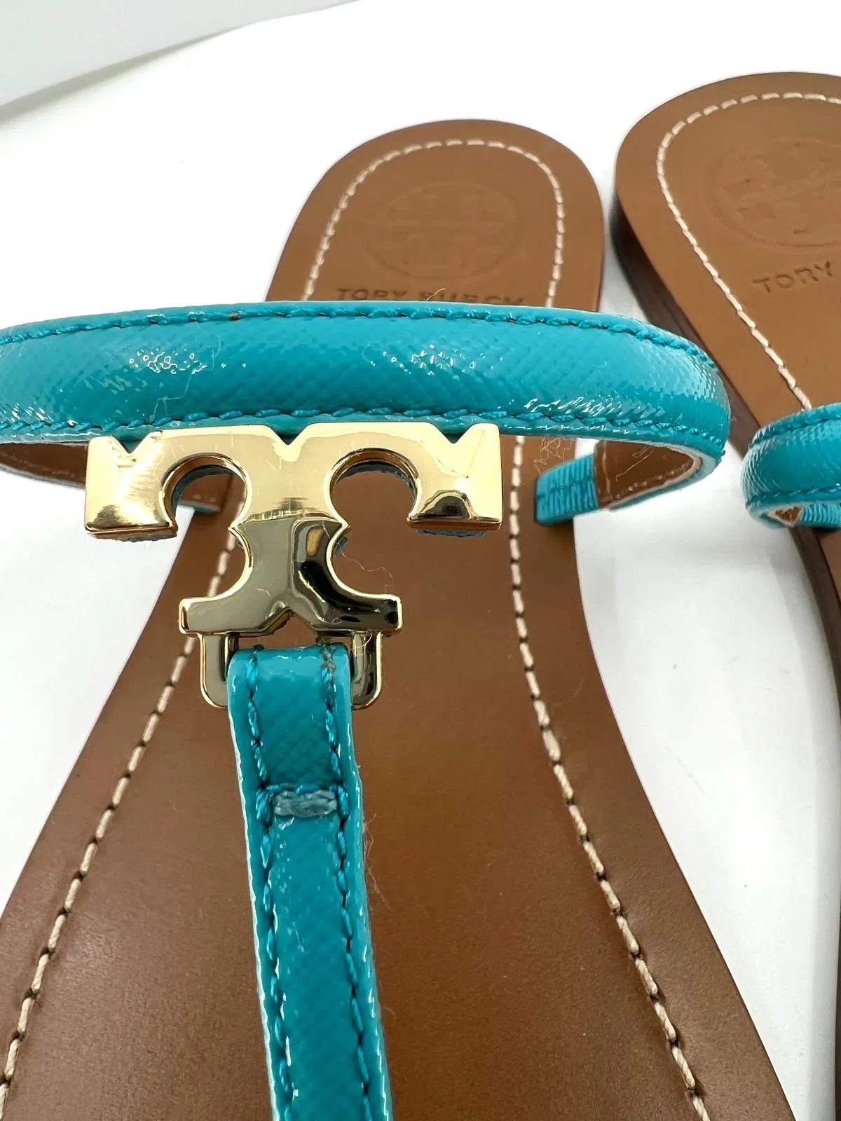 TORY BURCH T LOGO LEATHER SLIDE SANDALS