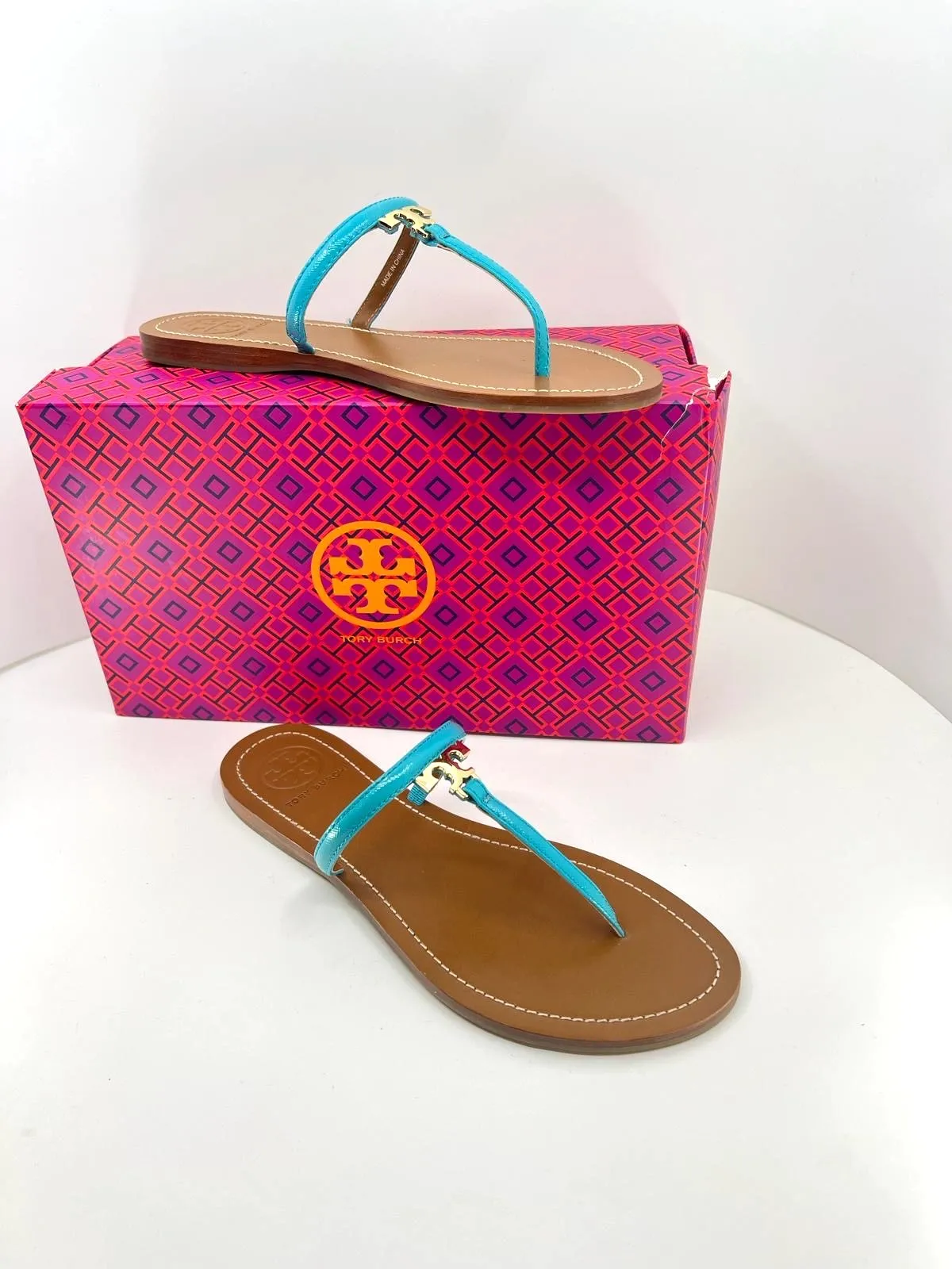 TORY BURCH T LOGO LEATHER SLIDE SANDALS