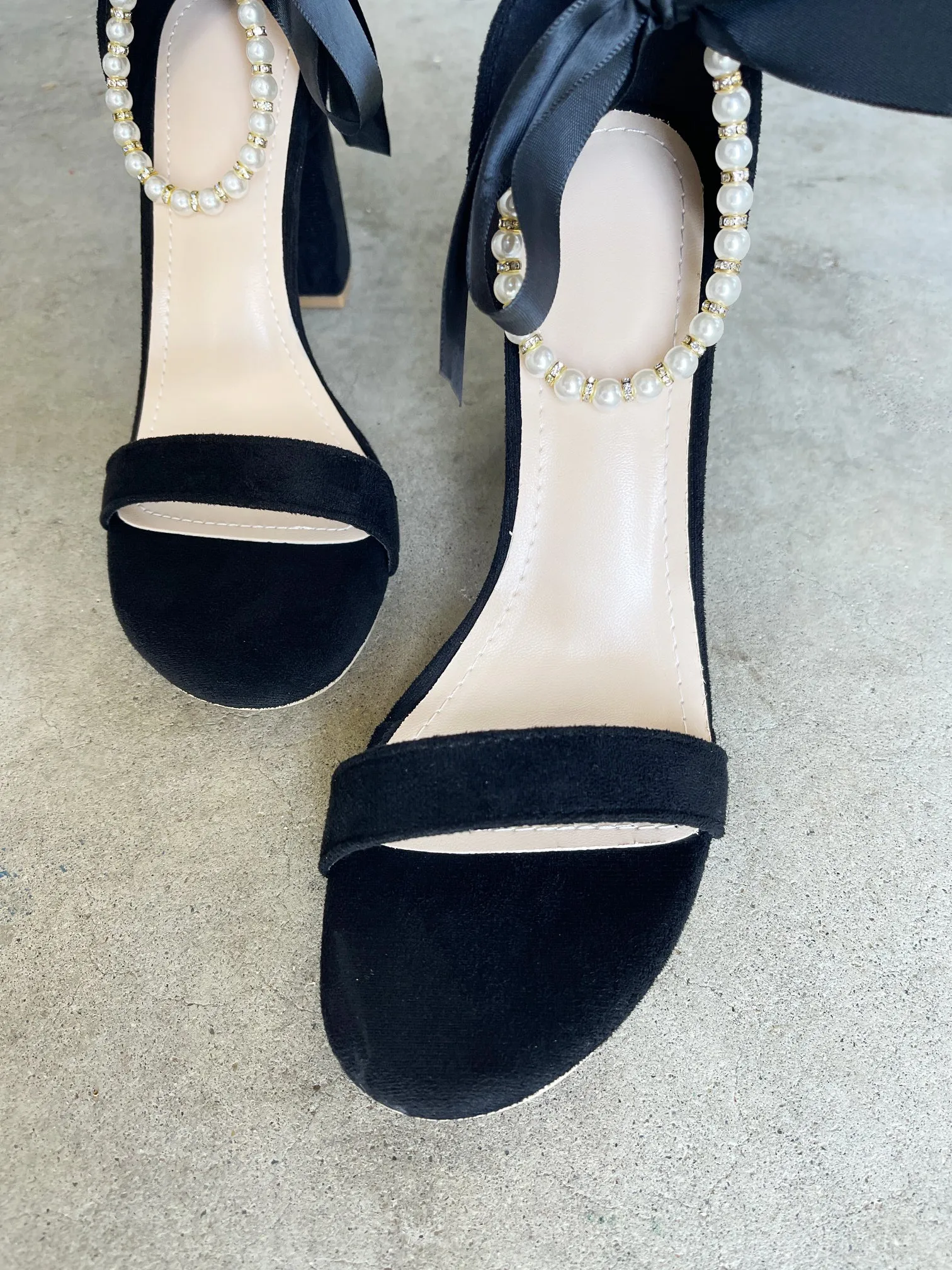 Trish Pearl Ankle Strap Faux Suede Heels in Black