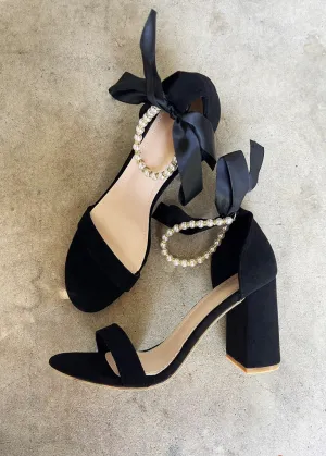 Trish Pearl Ankle Strap Faux Suede Heels in Black