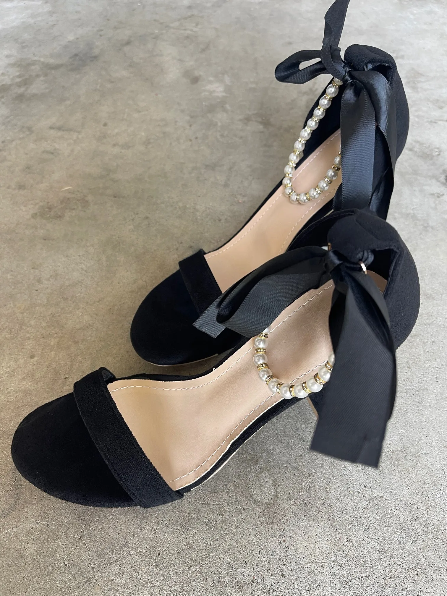 Trish Pearl Ankle Strap Faux Suede Heels in Black