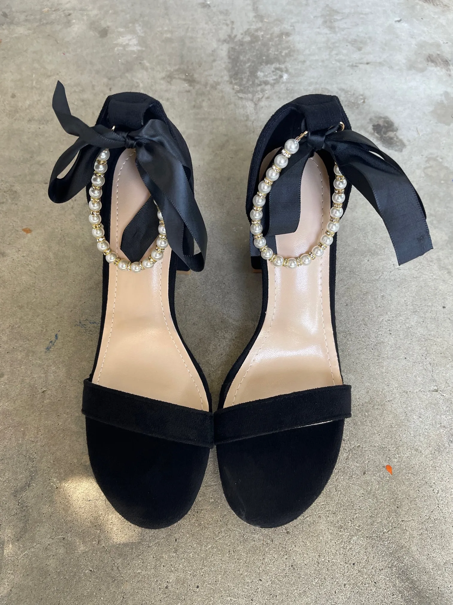 Trish Pearl Ankle Strap Faux Suede Heels in Black