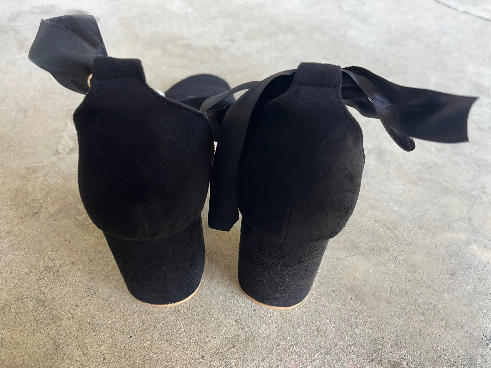 Trish Pearl Ankle Strap Faux Suede Heels in Black