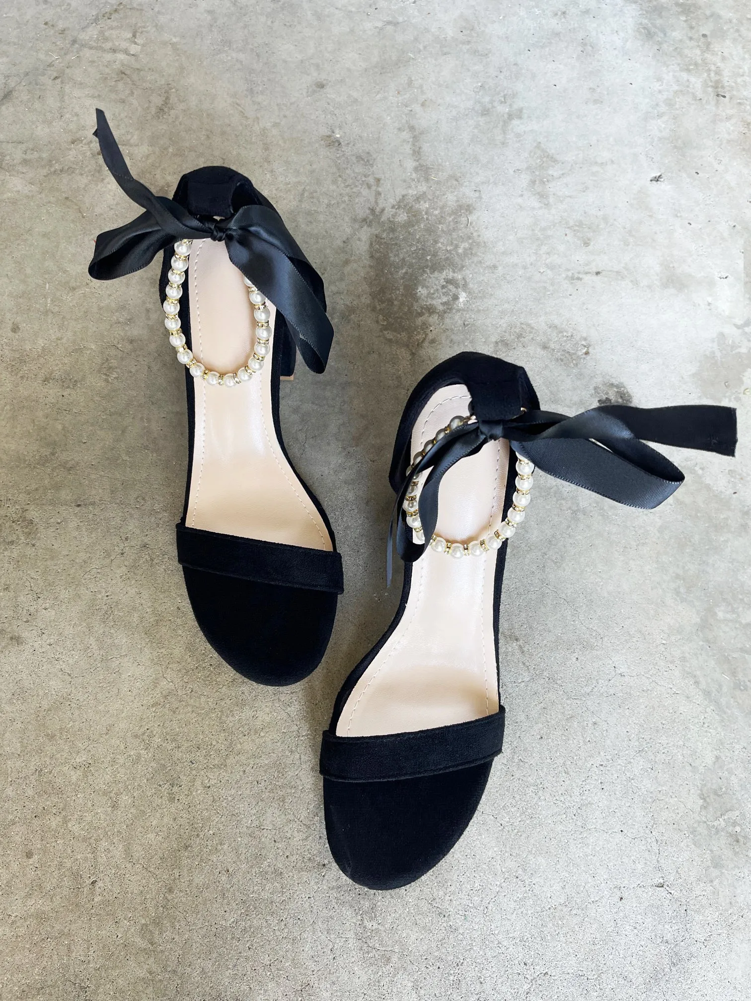 Trish Pearl Ankle Strap Faux Suede Heels in Black