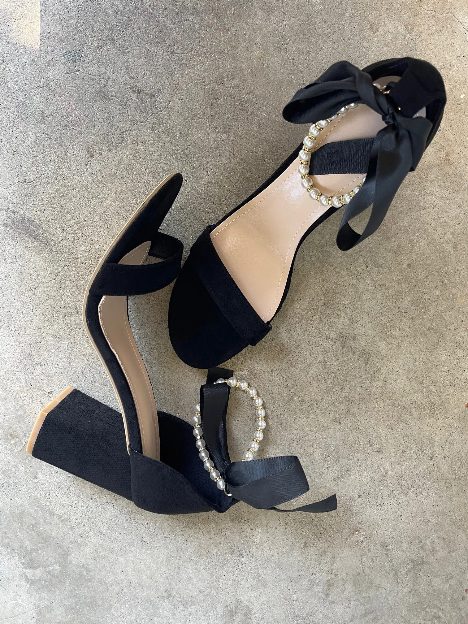 Trish Pearl Ankle Strap Faux Suede Heels in Black