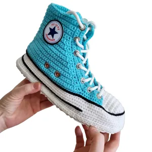 Unisex Canvas Turquoise Sneakers Slippers, Handcrafted Cozy Booties, Warm Winter Wool Cotton Socks