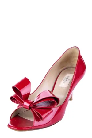 Valentino Red Patent Peep Toe Bow Pumps Size US 7.5 | EU 37.5