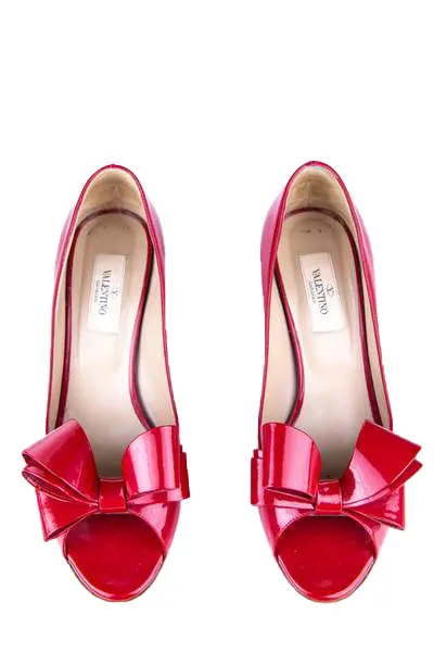 Valentino Red Patent Peep Toe Bow Pumps Size US 7.5 | EU 37.5