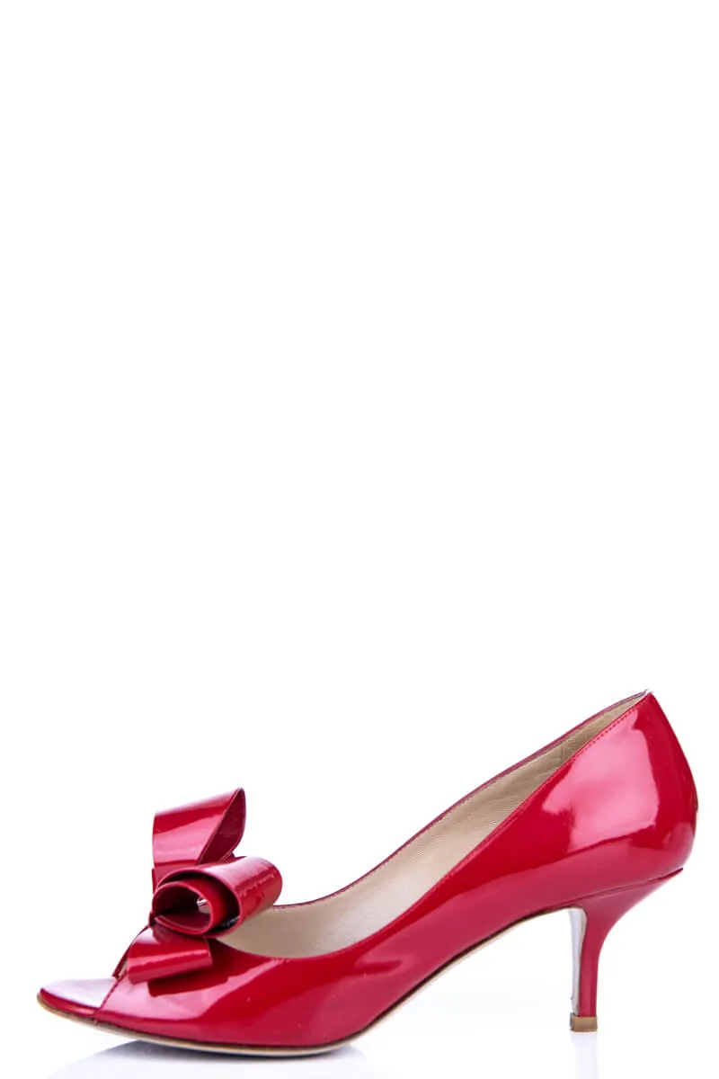 Valentino Red Patent Peep Toe Bow Pumps Size US 7.5 | EU 37.5