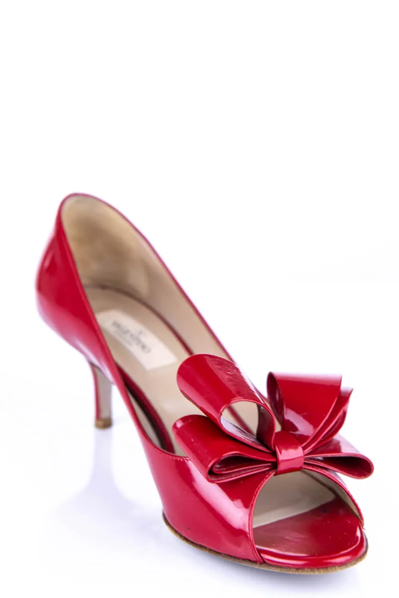 Valentino Red Patent Peep Toe Bow Pumps Size US 7.5 | EU 37.5