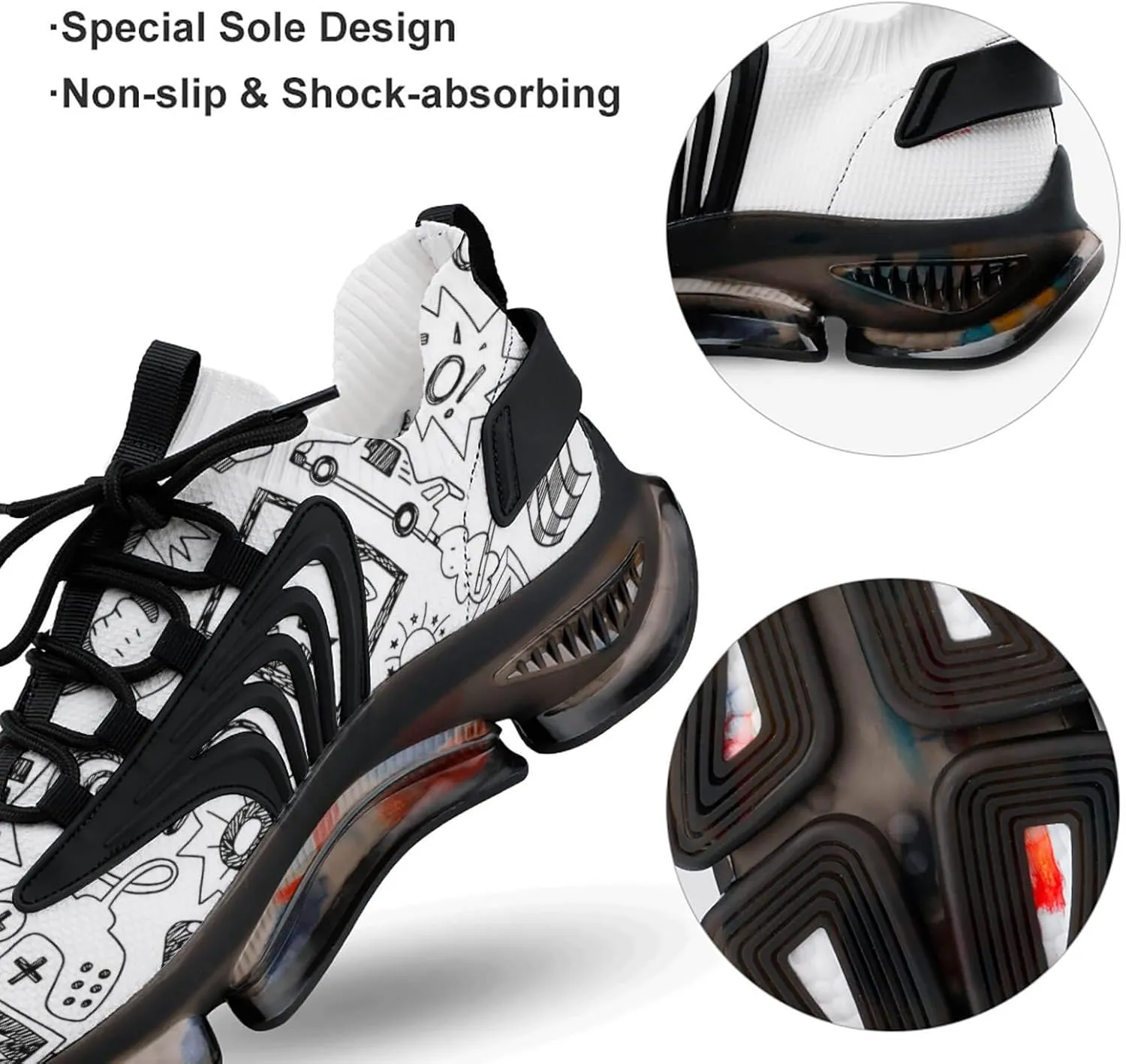Video Games Black White Style Mens Running Shoes Lightweight Walking Tennis Shoes Soft Soled Elastic Cushion Basketball Shoes