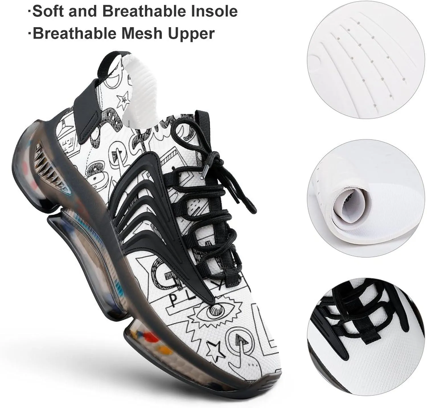 Video Games Black White Style Mens Running Shoes Lightweight Walking Tennis Shoes Soft Soled Elastic Cushion Basketball Shoes