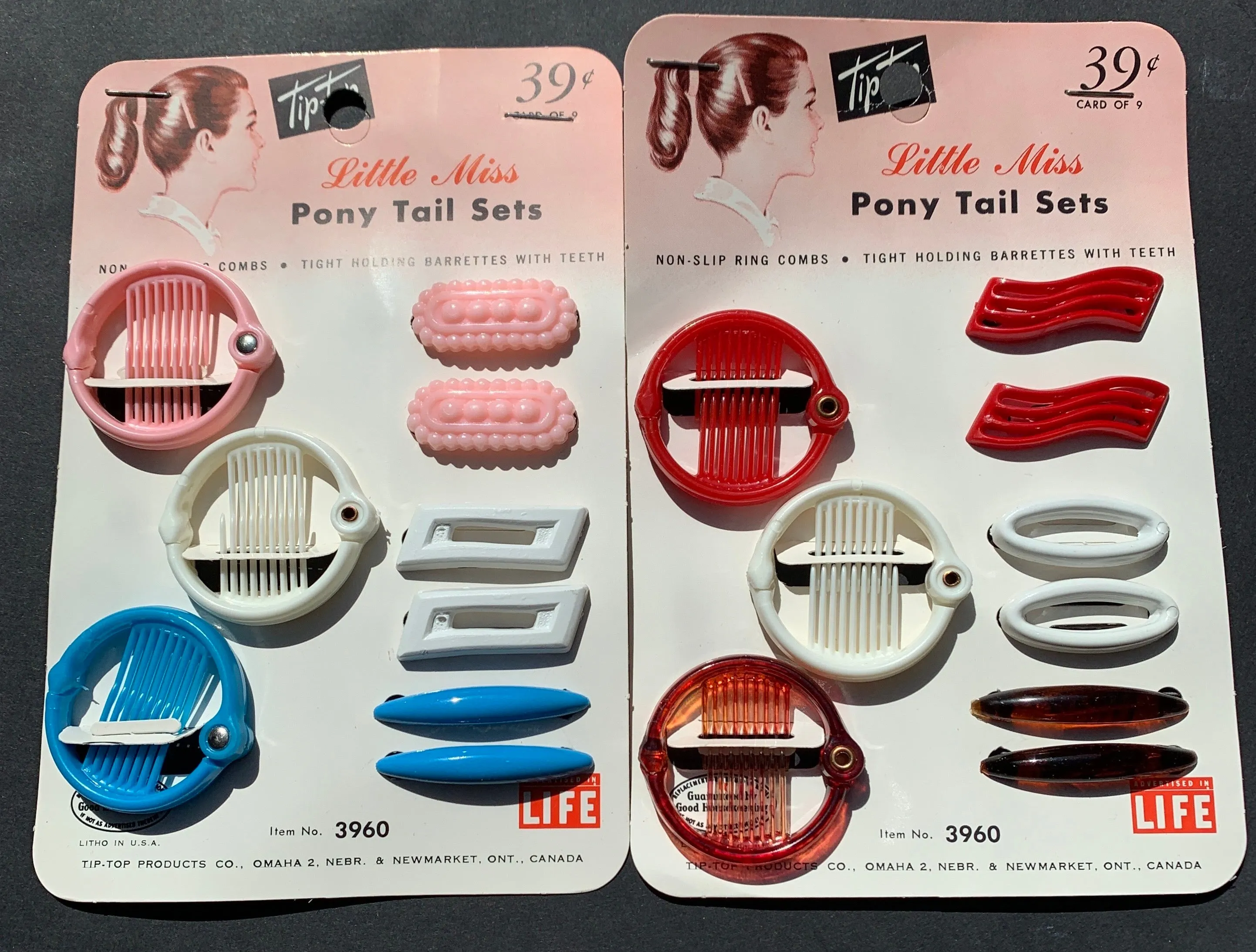 Vintage Little Miss Pony Tail Sets with Ring Grips and Pairs of Hair clips
