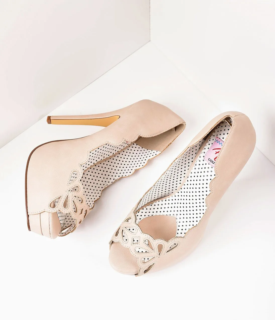 Vintage Style Light Beige Leatherette Cutout Peep Toe Platform Pump