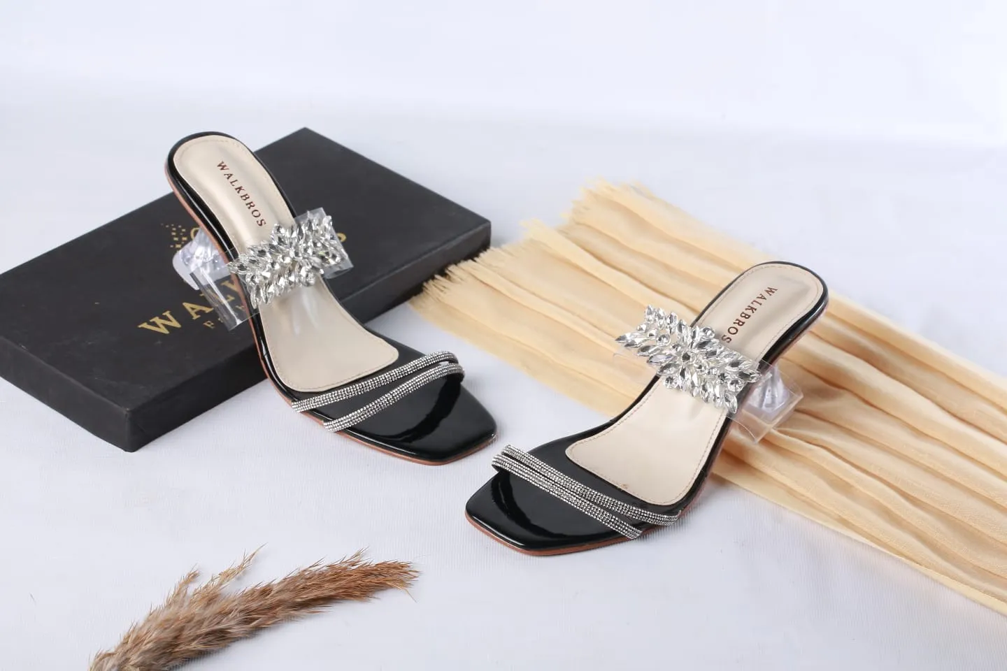 WALK BROS CRYSTAL FLOWER HEELS - BLACK