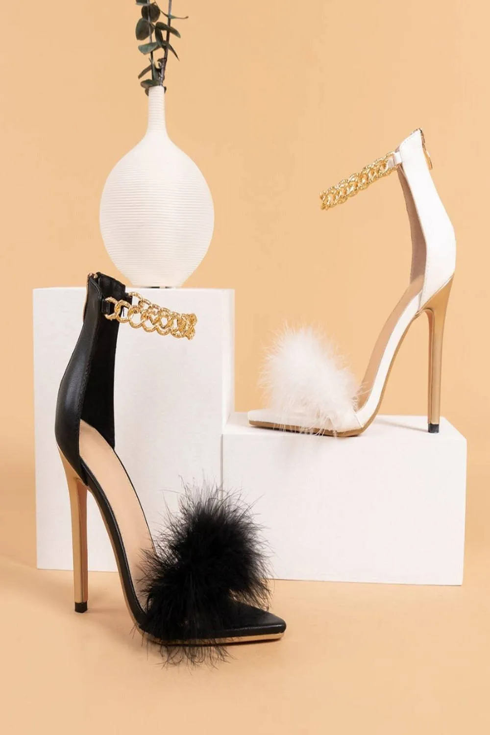 White Stiletto High Heel Sandals Gold Chain Fluffy Fur Shoes