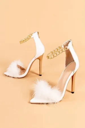 White Stiletto High Heel Sandals Gold Chain Fluffy Fur Shoes