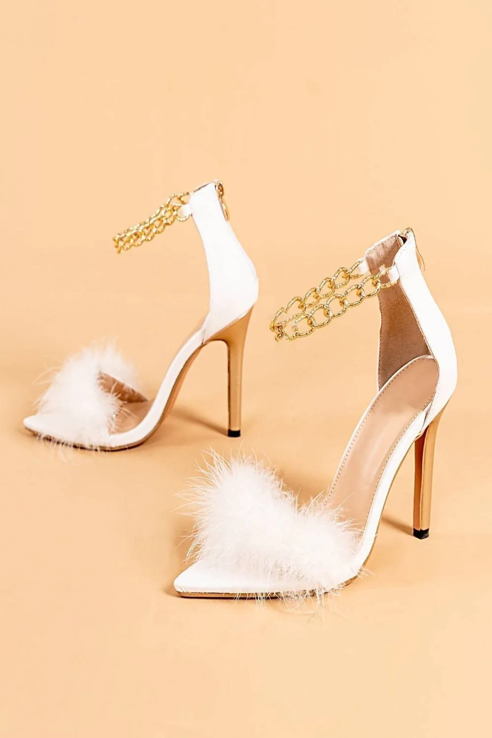 White Stiletto High Heel Sandals Gold Chain Fluffy Fur Shoes