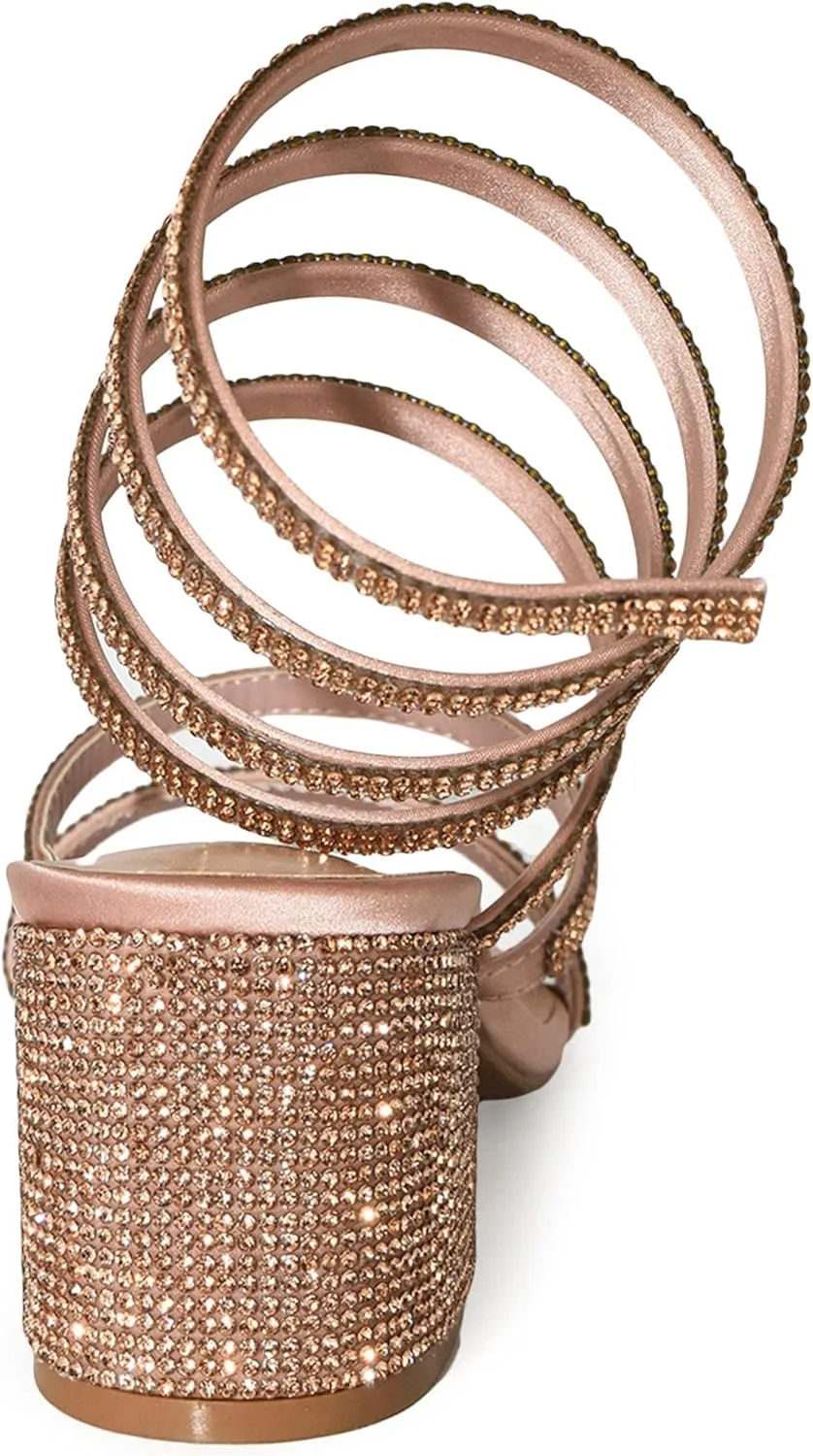 Wild Diva Satin Rhinestone Spiral Ankle Strap Low Block Heels
