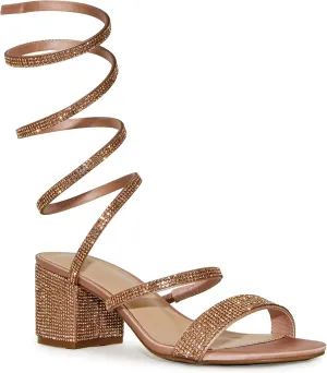 Wild Diva Satin Rhinestone Spiral Ankle Strap Low Block Heels