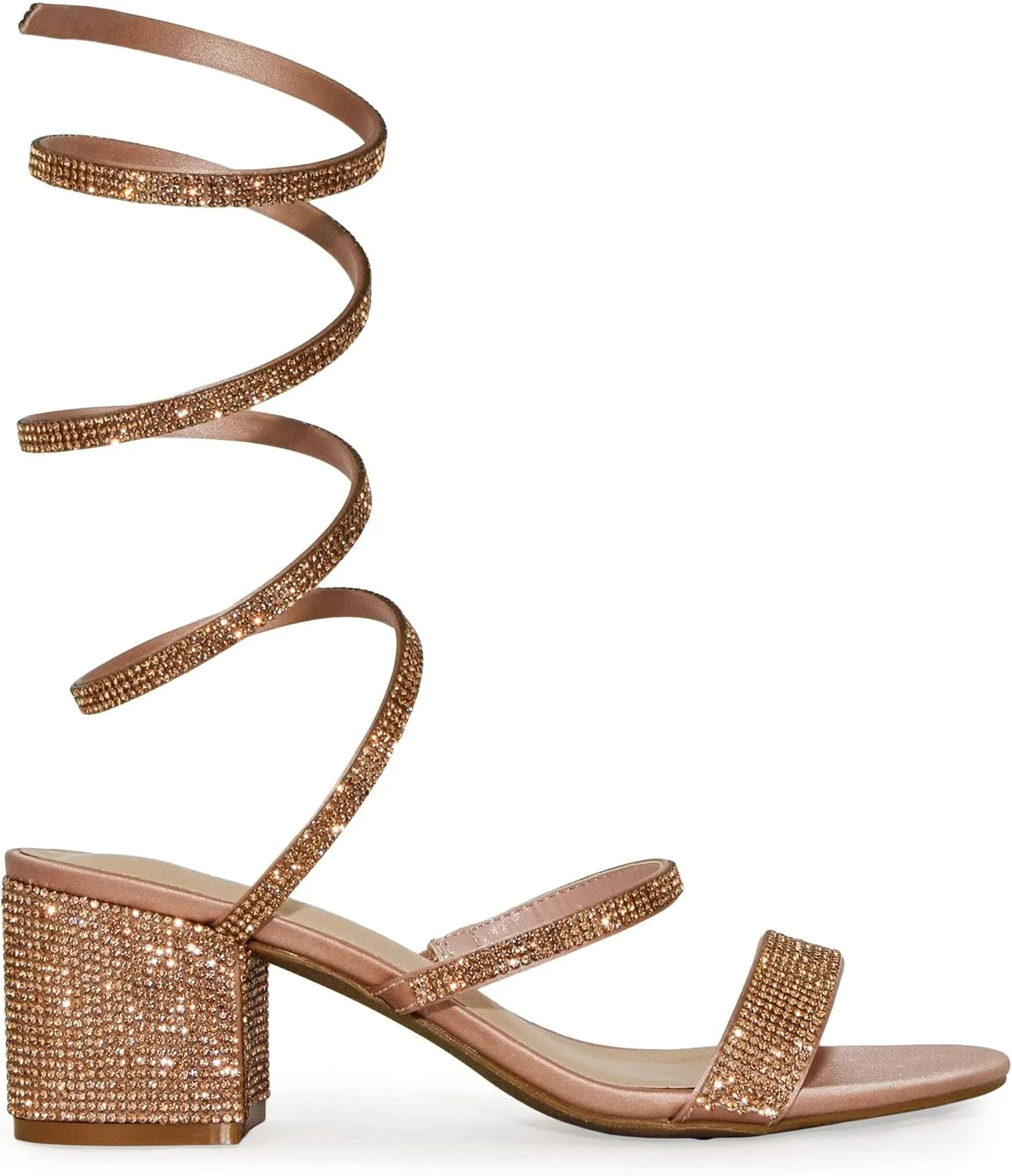 Wild Diva Satin Rhinestone Spiral Ankle Strap Low Block Heels