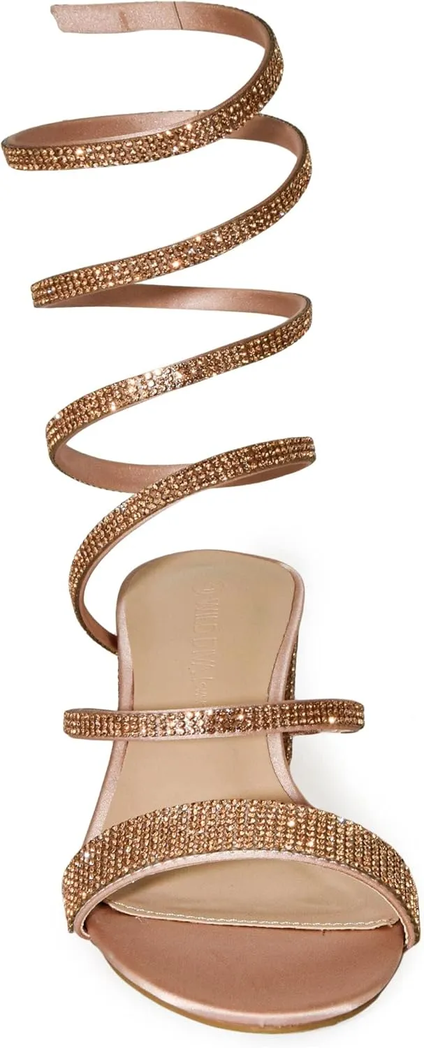 Wild Diva Satin Rhinestone Spiral Ankle Strap Low Block Heels