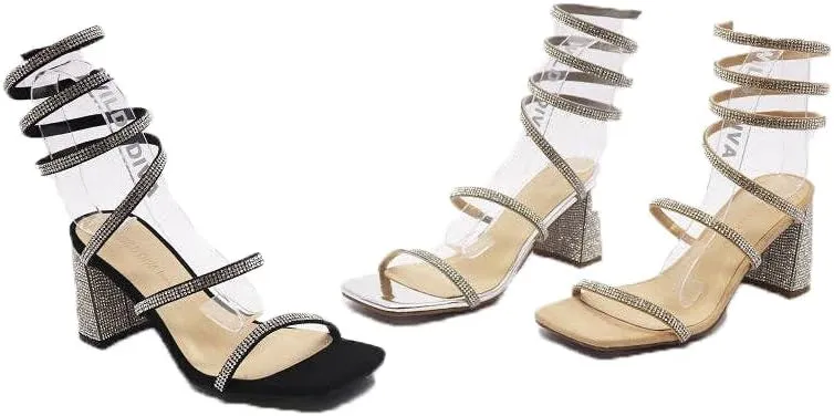 Wild Diva Women's Vana-16 Rhinestone Spiral Ankle Strap Square Toe Low Block Heeled Sandals Heels