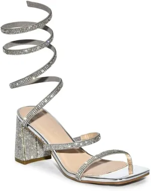 Wild Diva Women's Vana-16 Rhinestone Spiral Ankle Strap Square Toe Low Block Heeled Sandals Heels