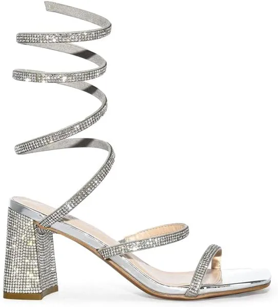 Wild Diva Women's Vana-16 Rhinestone Spiral Ankle Strap Square Toe Low Block Heeled Sandals Heels