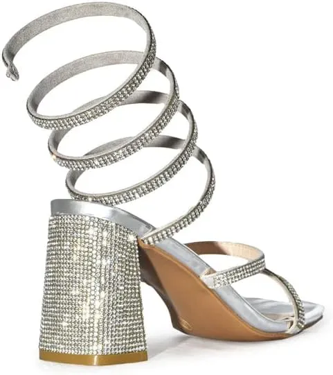 Wild Diva Women's Vana-16 Rhinestone Spiral Ankle Strap Square Toe Low Block Heeled Sandals Heels