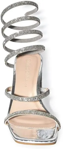 Wild Diva Women's Vana-16 Rhinestone Spiral Ankle Strap Square Toe Low Block Heeled Sandals Heels