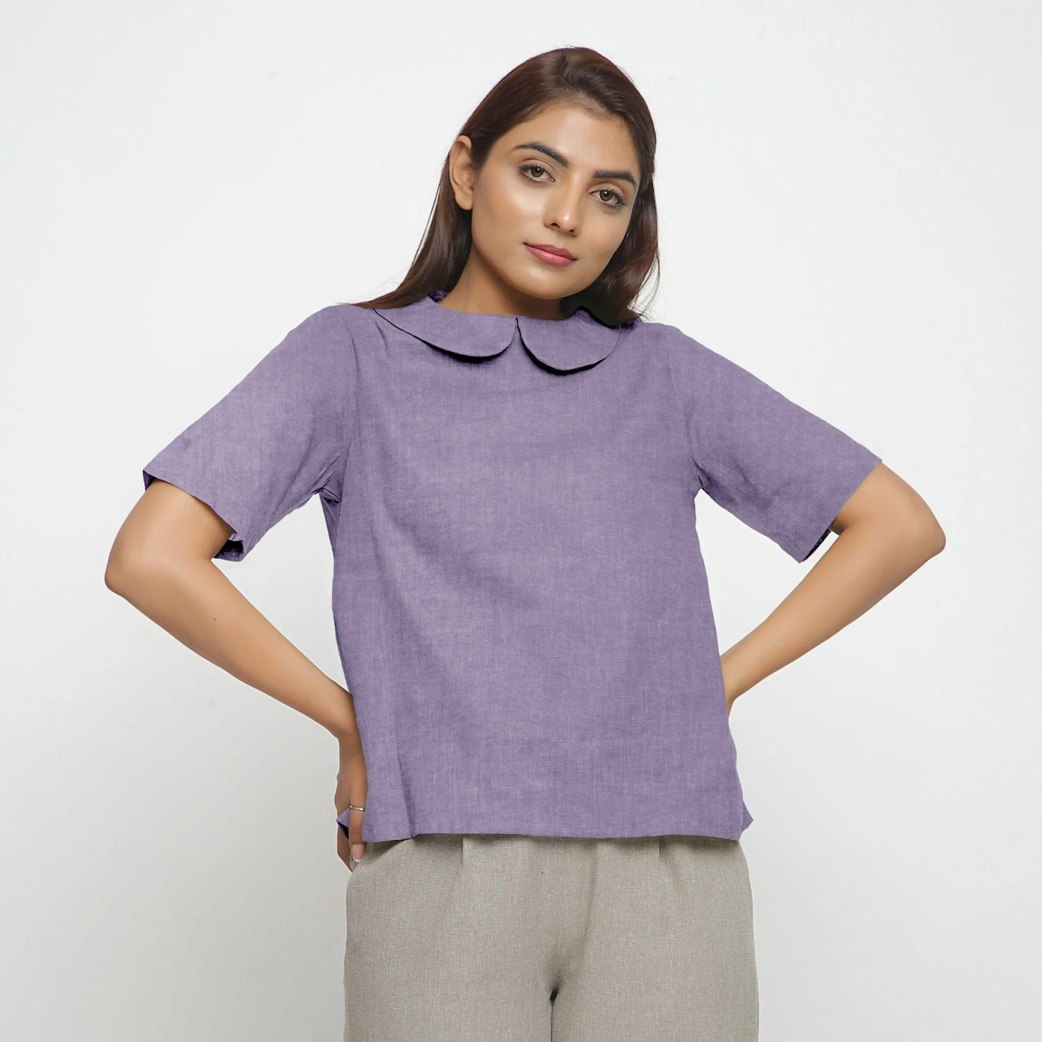 Wisteria Cotton Linen Peter Pan Collar Half Sleeve Top