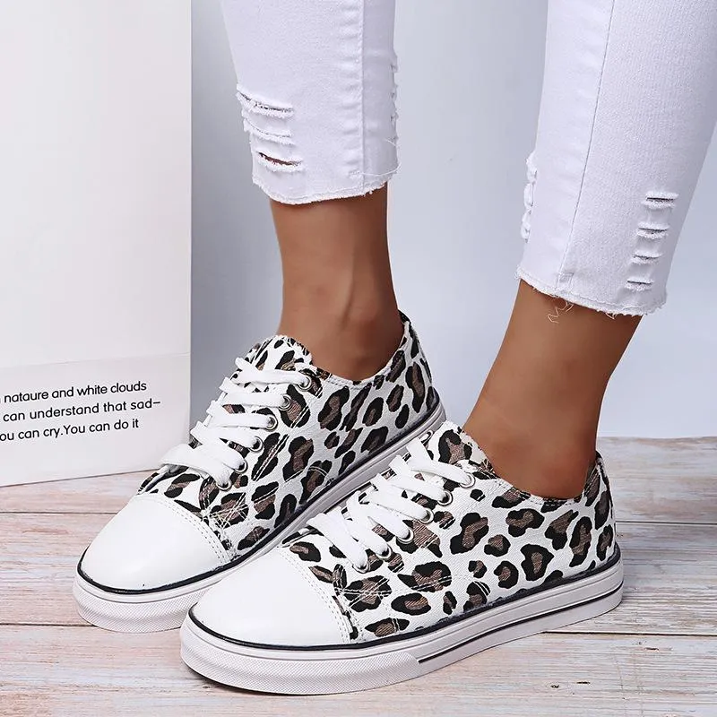 Women leopard print front lace canvas shoes