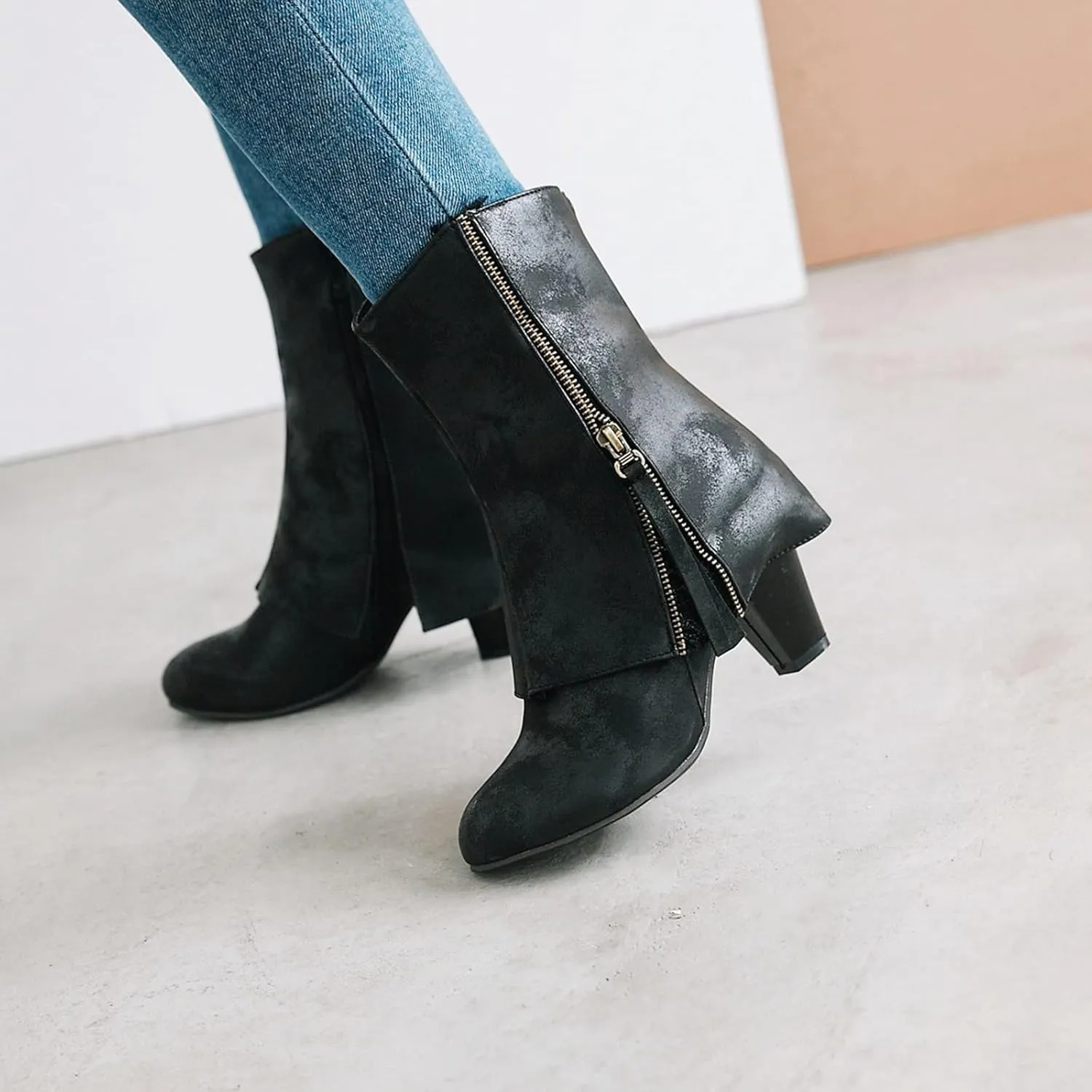 Women Mid Calf Boots Chunky Low Block Heel Fashion Boots Embroidered Slip On Pointed Toe Short Boots with Side Zipper