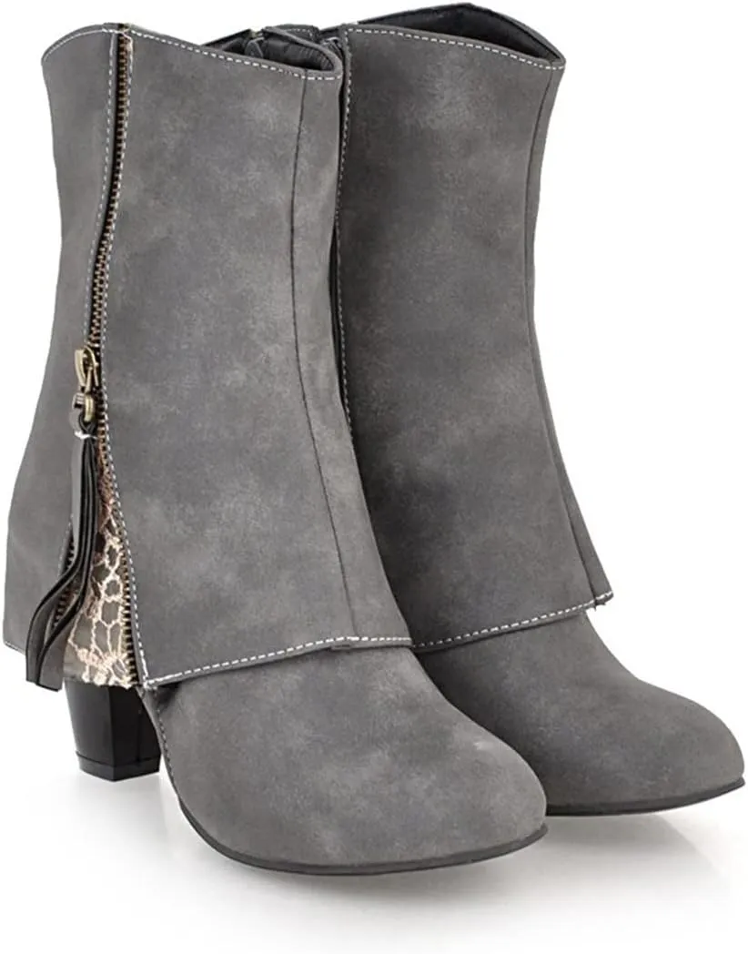 Women Mid Calf Boots Chunky Low Block Heel Fashion Boots Embroidered Slip On Pointed Toe Short Boots with Side Zipper
